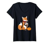 Mujer Zorro Acogedor con café Autumn Vibes Fall Camiseta Cuello V