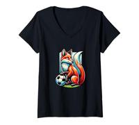 Mujer Zorro Audaz con Balón de Fútbol en Mano Camiseta Cuello V