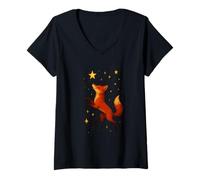 Mujer Zorro Bailando bajo Estrellas juguetón Bosque Noche Escena Arte Camiseta Cuello V
