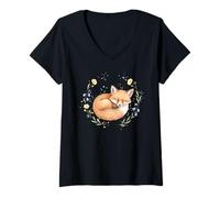 Mujer Zorro durmiendo Zorro Bosque Animal Floral Lindo Naturaleza Camiseta Cuello V
