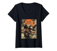 Mujer Zorro Samurai Japonés Kanagawa Ola Zorros Graciosos Camiseta Cuello V