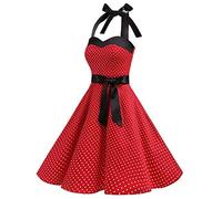 Mujeres 1950s Audrey Hepbun Vintage Polka Dots Vestido de Cóctel, Vintage 1950s Girl Dress, Rock Cocktail Dress, Halter Neck/Elegant A-Line Summer Dress/Verano/Retro/Regalo Rojo 01E M