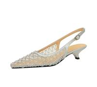 Mujeres 3cm encaje punta cerrada malla hueca tacones altos correa de tobillo moda novia fiesta boda bomba zapatos, plata, 40 EU