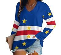 Mujeres Bandera Nacional De Cabo Verde V Cuello Sudadera Casual Manga Larga Pullover Moda Camisas Sueltas, Camiseta Básica De Manga Larga, Ligera Y Transpirable Lavable A Máquina Colores Mixtos S