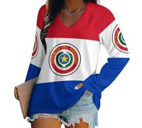 Mujeres Bandera Nacional De Paraguay V Cuello Sudadera Casual De Manga Larga Pullover Elementos La Bandera Nacional Camisas Sueltas, Camiseta Básica De Manga Larga, Lavable A Máquina Amarillo L
