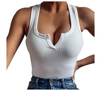 Mujeres Camisetas de verano Tanque Tops Mujer Largo Escote Yoga Verano Elástico Caraco Top Base Camisetas Bodycon Elegante Básico Corto Desnudo Espaguetis, Blanco-ba, S