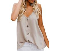 Mujeres Camisetas Sin Mangas Tank Top Casual Cuello V Sólida Botones Blusa Cami Camisas Chic Gasa Chaleco Tops B Caqui ES 40