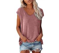 Mujeres Cap Sleeve Verano Casual Tops V-Cuello de Pico Liso Casual Camisas Holgadas Blusa Blusa Mujer Verano, Rosa., XL
