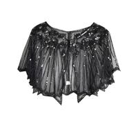 Mujeres Cape Crochet Encaje Todo Malla Cuentas Lentejuelas Flapper Vestido Bufanda Para Plumas, Negro , A