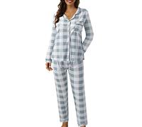 Mujeres Casual Botón Plaid Print Dos Piezas Manga Larga Pijama Pijama Traje Bata Señoras Barato, azul, XL