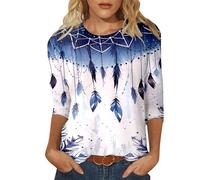 Mujeres Casual Cuello Redondo Tres Mangas Retro Estilo Étnico Impreso T Camisa Casual Top Top Top Hombro Mujer, azul, XL
