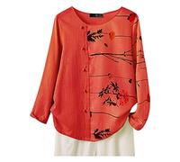 Mujeres Casual Floral Estampado Manga Larga O-Cuello Suelto Camiseta Top Blusa Falda de Encaje, rojo, XL