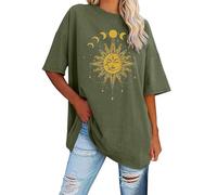 Mujeres Casual Hombro Manga Manga Corta Sol Luna Impreso Cuello Redondo Manga Corta Cintura Top Camisa Con Cuello Cascada, verde, M