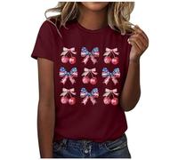 Mujeres Casual Independence Day Lazo Letra Impreso Cuello Redondo Manga Corta Camiseta Top Senderismo Camisa Mujer, Vino, L