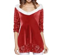 Mujeres Casual Lentejuelas Felpa Camiseta Manga Larga Blusa Suelta Dobladillo Irregular Tops Suéter Hombros Descubiertos Señoras, rojo, XL