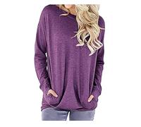 Mujeres Casual Manga Larga Algodón Liso Sueltos Bolsillos Camiseta Blusas Tops Tank Top Conjunto de Mujer, morado, S