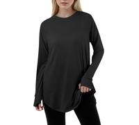 Mujeres Casual Moda Color Sólido Suelto Cuello Redondo Manga Larga Manga raglán Camiseta Top Malla Guantes Neón, Negro , XL