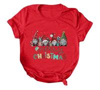 Mujeres Casual Navidad Estampado Camisas Cuello Redondo Manga Corta T Tops Túnica Blusa Malla Top Señoras Brillo, rojo, L