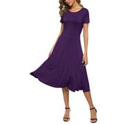 Mujeres Casual Sólida Cuello Redondo Midi Vestido Elástico Manga Corta Verano Vestido Largo(M, Morado)