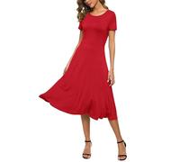 Mujeres Casual Sólida Cuello Redondo Midi Vestido Elástico Manga Corta Verano Vestido Largo(M, Rojo)