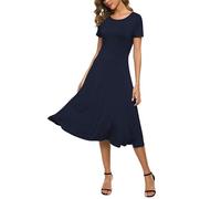 Mujeres Casual Sólida Cuello Redondo Midi Vestido Elástico Manga Corta Verano Vestido Largo(S, Azul Marino)