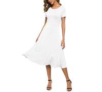 Mujeres Casual Sólida Cuello Redondo Midi Vestido Elástico Manga Corta Verano Vestido Largo(XL, Blanco)