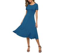 Mujeres Casual Sólida Cuello Redondo Midi Vestido Elástico Manga Corta Verano Vestido Largo(XXL, Azul Acero)