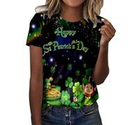Mujeres Casual St Pa Day Impreso Camisas Cuello Redondo Manga Corta T Tops Túnica Blusa Malla Top Señoras, Negro , L
