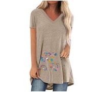 Mujeres Casual Talla Grande Estampado Cuello en V Manga Corta Camiseta Larga Blusa Top Yoga Camiseta Mujer, caqui, XL