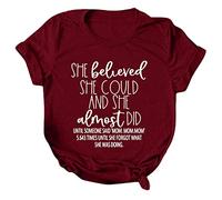 Mujeres Casual Top Manga Corta Carta Impreso Moda Holgada Cuello Redondo Casual Ollas Camisa de Béisbol Señoras, Vino, XL