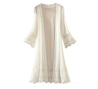 Mujeres Chaqueta Larga con Encaje Kimono Cárdigan De Playa Blanco Un tamaño