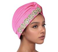 Mujeres Chemo Cap Diamantes Hijab Plisado Beanie Turbante Wrap Headwear Gorros Caída del Cabello Sombrero Femme Turbante Mujer Rhinestone Vintage Africano Turbante Musulmán Bufanda, O Rosa Caliente