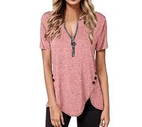 Mujeres Color sólido manga corta top casual cremallera botón-T señoras camisa vaquera, Rosa., L