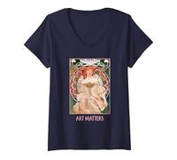 Mujeres con Flores Paris Mucha Art Nouveau Art Matters Camiseta Cuello V, Mujer, Azul Marino, M