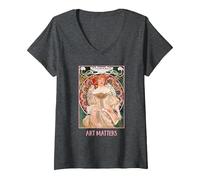 Mujeres con Flores Paris Mucha Art Nouveau Art Matters Camiseta Cuello V, Mujer, Jaspeado Oscuro, XXL