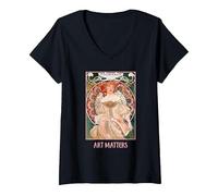 Mujeres con Flores Paris Mucha Art Nouveau Art Matters Camiseta Cuello V, Mujer, Negro, L