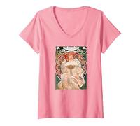 Mujeres con Flores Paris Mucha Art Nouveau Art Matters Camiseta Cuello V, Mujer, Rosado, L