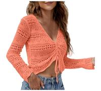 Mujeres Crochet Top Playa Tela Cordón Camisa Cover Up Sexy Beachwear Lace Up T Shirt Guantes Plegable Niños, naranja, XL