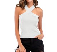 Mujeres Cruzadas en el Frente Recortado Halter Cuello sin Mangas Crop Top Vendaje Chaleco Tops Mujeres Verano Sexy Chaleco de Encaje Blusa Casual Adelgazante Cami Tank Strappy Sin Stretch Chaleco Top