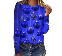 Mujeres Cuello Redondo 3D Digital Decoración Navidad Impresión Manga Larga Camiseta Top Compras Online, azul, M