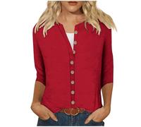 Mujeres Cuello Redondo Manga 3/4 Camisas Tops Basic Button Abajo Frente Abierto Chaqueta de Punto Color Sólido Suelto Lindo Túnica Camiseta Blusas, rojo, S