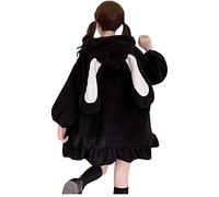 Mujeres Cute Bunny Ear Hoodie Fuzzy Fluffy Rabbit Sweater Sudadera Pullover Tops Manga Larga Chaqueta Kawaii Abrigos (Color : Black, Size : L)