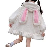 Mujeres Cute Bunny Ear Hoodie Fuzzy Fluffy Rabbit Sweater Sudadera Pullover Tops Manga Larga Chaqueta Kawaii Abrigos (Color : White, Size : M)