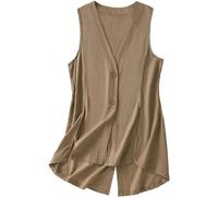 Mujeres de Cintura Alta Chaleco Largo de Lino Casual Suelta V Cuello Chaleco sin Mangas Chaqueta Primavera Verano Casual sin Mangas de algodón Chaleco de Lino (Caqui,XXL)