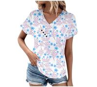 Mujeres de manga corta Floral Impreso Cuello en V Decoración Botón Suelto Fit T Camisetas Blusas Top Casual Verano Camisas 4 Camisa de Manga Larga Mujer Holgada, azul celeste, XXL