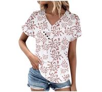 Mujeres de manga corta Floral Impreso Cuello en V Decoración Botón Suelto Fit T Camisetas Blusas Top Casual Verano Camisas 4 Camisa de Manga Larga Mujer Holgada, Oro Rosa, L