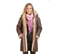 Mujeres de Marrón Largo Invierno con Capucha Shearling Piel de Oveja Cuero Abrigo de Duffle XL