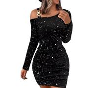 Mujeres de Terciopelo de Color Sólido Glitter Vestidos de Navidad Sexy Slim Fit Vestido Fiesta Elegante Cien Vestido de Manga Larga(Black,2XL)