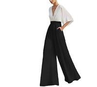 Mujeres Deep V Halter Cuello Pierna Ancha Colores de Choque Mono con Bolsillos Pantalones sin Mangas Romper Fiesta de Bodas Vestidos Formales de Noche
