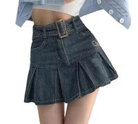 Mujeres Denim Mini Falda Volantes Ruffled Alta Bolsillos de Cintura Falda Vaquera con Botones Delgado A-Line Plisado Jean Falda Corta
